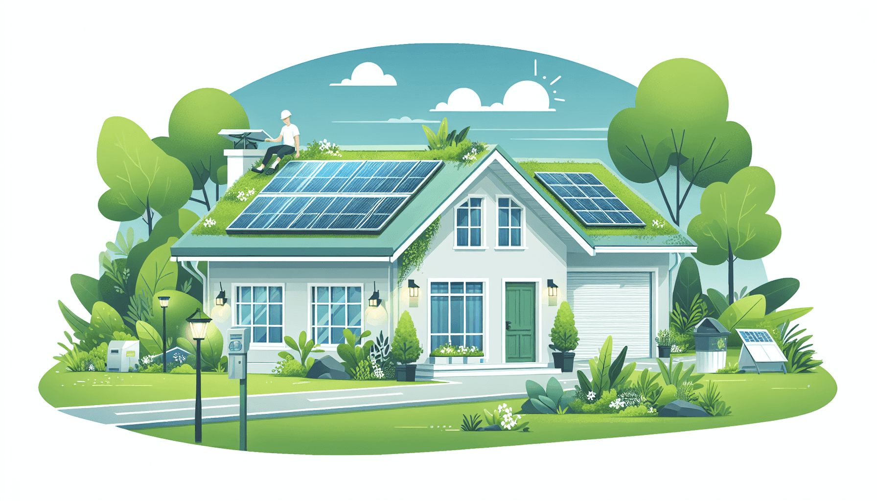 Eco-friendly green roof with solar panels