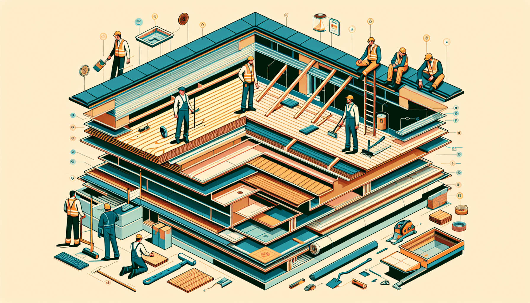 Illustration of roof decking layers in a structure