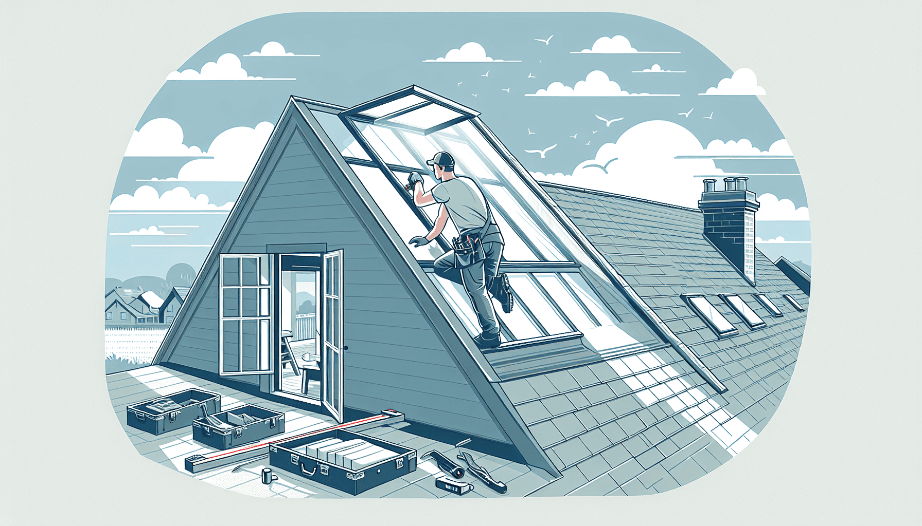 Installer fitting a skylight on house roof